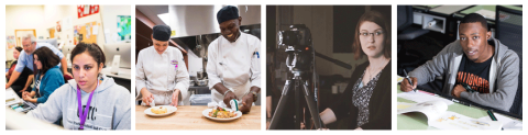 A collage of 4 images: Graphic tech student, culinary arts students, Digital entertainment student, Interior Design student.