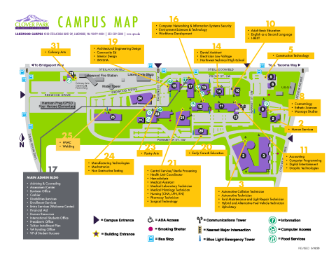 Clover Park Technical College Campus Map showing buildings and the programs that meet in it.