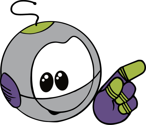 SIMON the robot mascot of CPTC. Just his round head and purple & green hand.