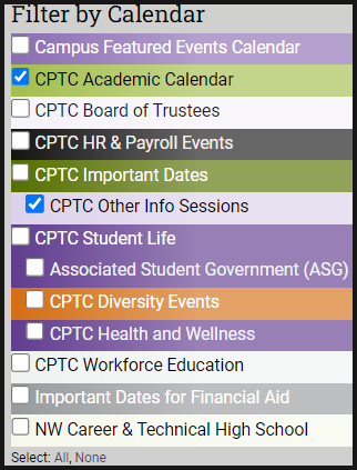 25Live filters for CPTC calendar