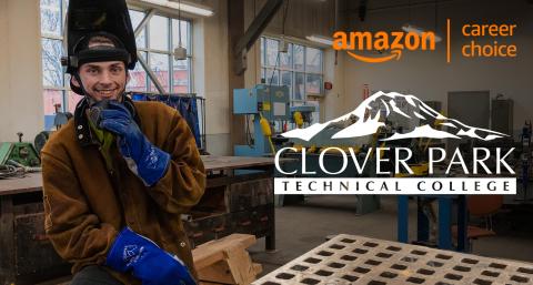 Clover Park student wearing welding mask with logos of amazon career choice and CPTC