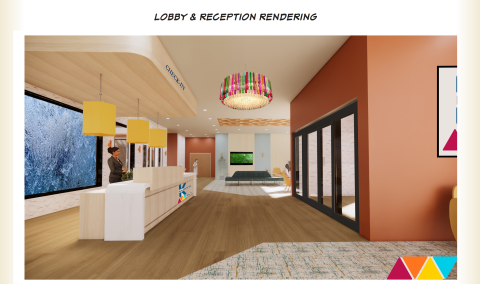 Lobby & Reception Rendering: Shows entry, reception desk, and waiting areas in the foreground and background.
