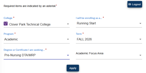 Screen capture of CPTC application page showing an example of selecting "Academic" as program.