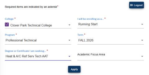 Screen capture of CPTC application page showing an example of selecting "Professional Technical" as program.