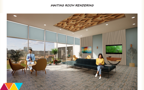 Waiting Room Rendering - Shows floor-to-ceiling windows, multiple seating areas, and a textured ceiling detail.